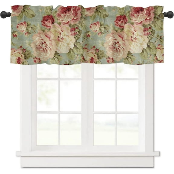 Peony Flower Curtain Valance, Abstract Floral Print Vintage Farmhouse Decoration Short Rod Pocket Window Treatment for Living Room, Bedroom, Kitchen, Bathroom, 1 Panel, 54" W x 18" L