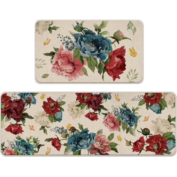 Peony Flower Kitchen Rugs Set of 2, Vintage Floral Butterfly Floor Mats Home Decor, Farmhouse Door Mat Decorations - 17x29 and 17x47 Inches