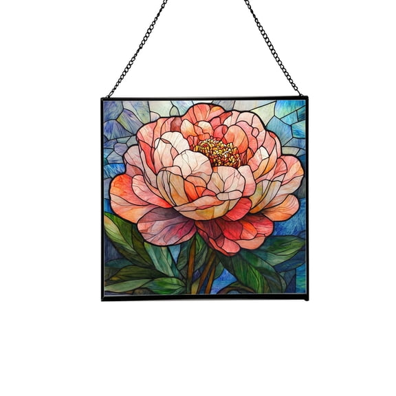Peony Flower Stained Glass Panel Suncatcher Square Window Hanging, 8 Inch Real Glass Decorative Art Sun Catcher for Home, Gift, and Garden Decor 78OR8