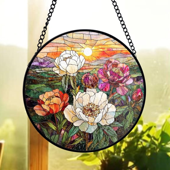Peony Flower Stained Glass Suncatcher, Mountain Sunset Window Hanging, Gardener Gift For Mom Sun Catcher