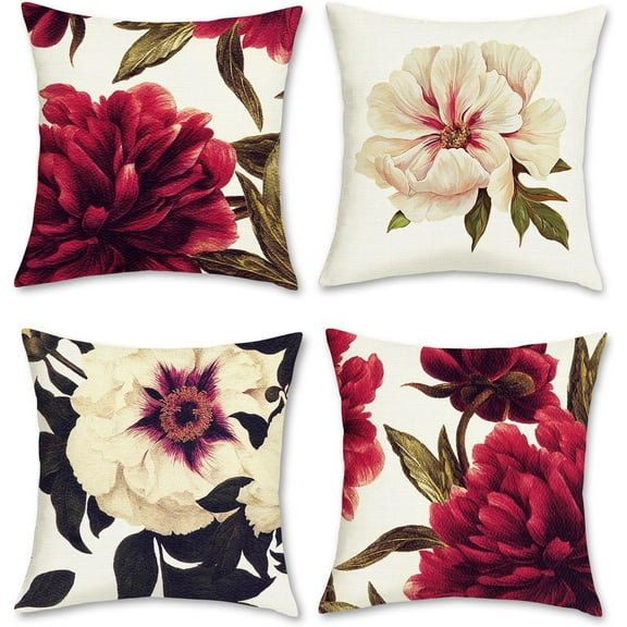 Peony Flower Throw Pillow Covers 20 x 20 Inch Red and White Floral Decorative Pillow Cases Polyester Linen Cushion Covers for Sofa Couch Bedroom Home Decor Set of 4