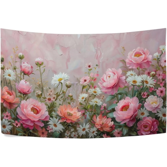 Peony Flower Wall Tapestry, Hippie Aesthetic Wall Hanging Art Carpet for Living Room Bedroom Dorm Ceiling Decor, 90 x 60 Inch