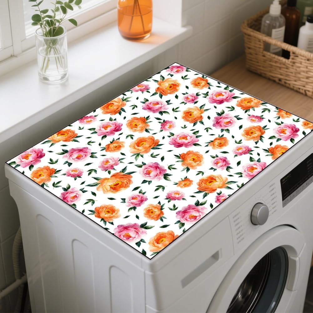 Peony Flower Washer Dryer Dust Cover 23.6×19.69inch Leaves Washing Machine Top Protector Pads Non Slip Washing Machine Top Covers
