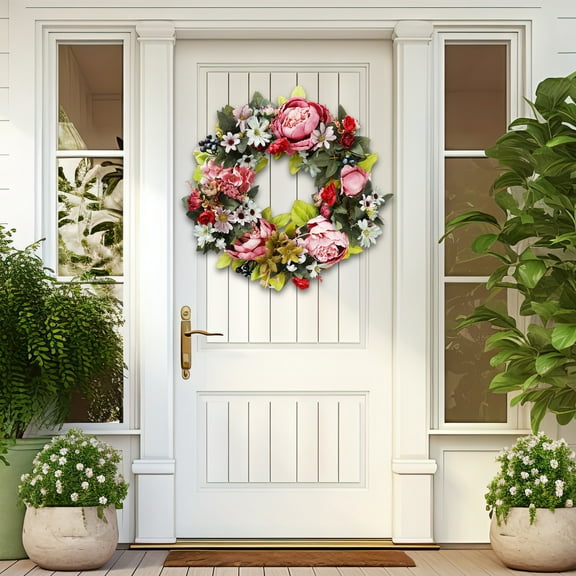 Peony Flower Wreath 15.7" Blooming Peonies Spring Summer Fall Winter Large Wreaths Flower Green Leaves for Outdoor Front Door Indoor Wedding Wall Or Window Dcor