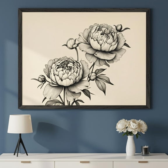 Peony Flowers Botanical Line Art Print Minimalist Floral Wall Decor Peony Sketch Black and