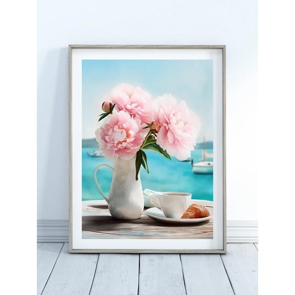 Peony Flowers & Coffee Watercolour Art-Botanical Home Decor, Mediterranean Posters, Floral Vase Wall Art, Minimalist Floral Wall Art, Summer, Stretched Canvas Size 8x12