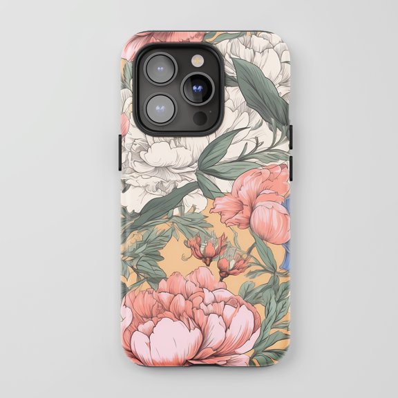 Peony Flowers For All iPhone Series Protective Phone Case Vintage Botanical Art Pink Green Peach
