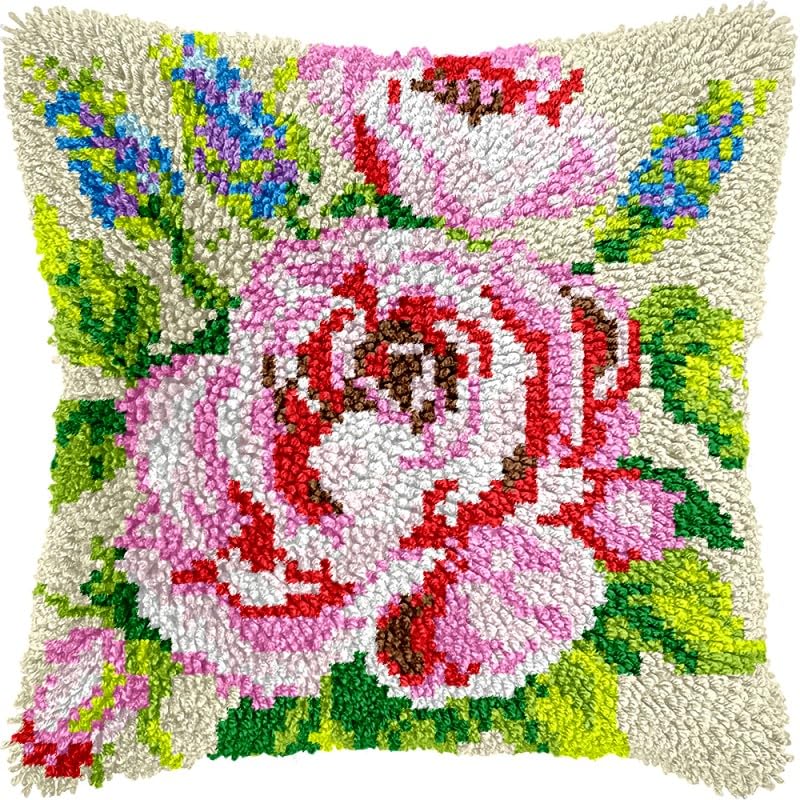 Peony Flowers Latch Hook Pillows Kits Cushion Pillow Cover with Pattern Printed Canvas Sofa Hooking Pillowcase Crafts Embroidery Latch Hooking Crochet Kits Set 17x17 inch(1)