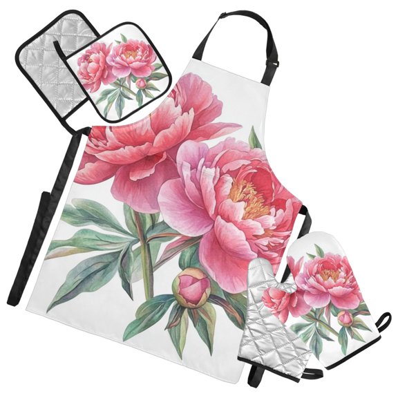 Peony Flowers Leaves Watercolor Painting Apron Set with Oven Mitts Pot Holders Set of 5 Kitchen Stuff Accessories