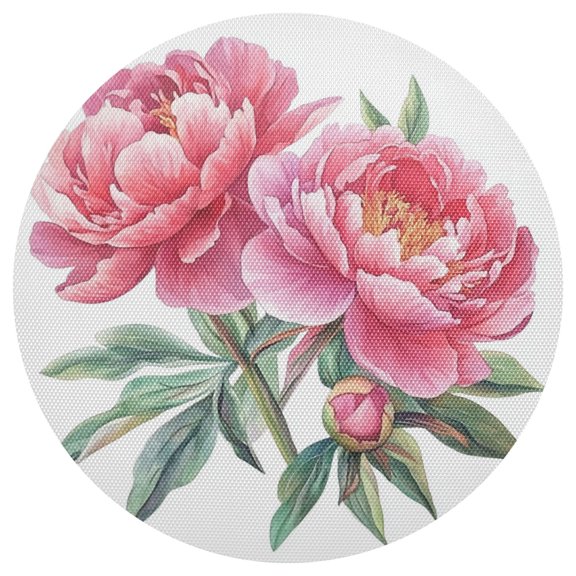 Peony Flowers Leaves Watercolor Painting PVC Round Grid Placemat Table Mat 1 Pc 15.4" x 15.4"