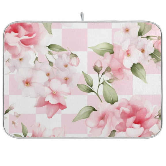 Peony Flowers Pink Dish Drying Mat Microfiber Kitchen Pad Large Counter Absorbent Dish Mats Drainer Rack 16"x18"