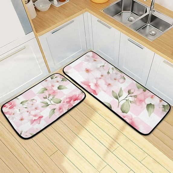 Peony Flowers Pink Kitchen Rugs Set of 2 Non Slip Floor Foam Mat Cushioned Soft Waterproof Carpet Runner for Dining Room Laundry