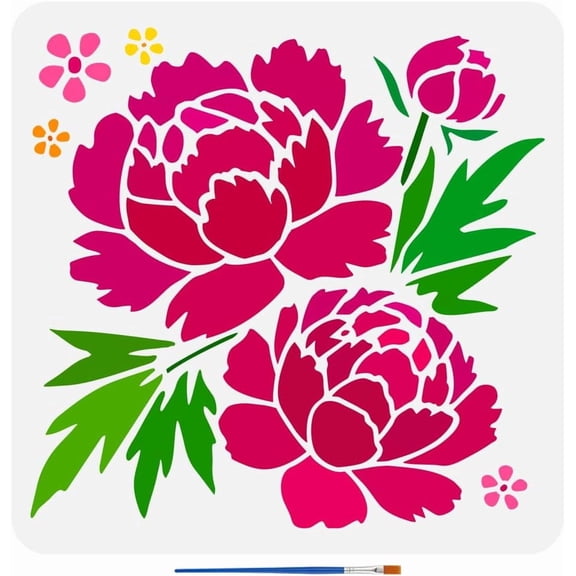 Peony Flowers Stencil with Brush 11.8x11.8inch Large Flower Leaf Template Reusable Flower Blossom Stencil Plant Peony Template Spring Theme Stencil