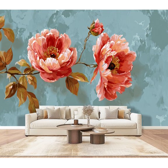 Peony Flowers red Wallpaper Blue nature petals artistic decor modern Peel and Stick Wall Murals 100"H x 144"W Removable PVC Wall Paper Self-Adhesive Wall Decor for Bedroom Living Room