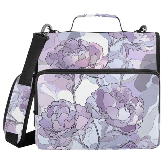 Peony Flowers with Abstract Lines Binder Bag with Shoulder Strap 3 Ring Zipper Binder File Folder Document Storage