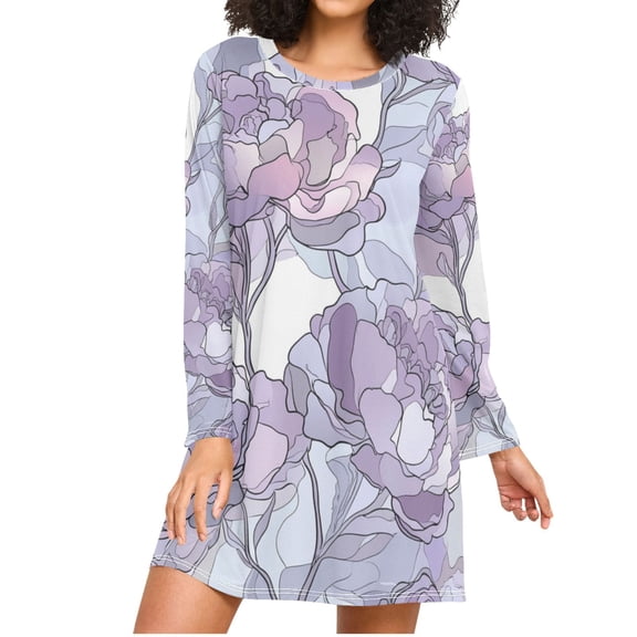 Peony Flowers with Abstract Lines Women's Long Sleeves Nightgowns Sleepwear Soft Pajama A-line Sleep Dress XXXL