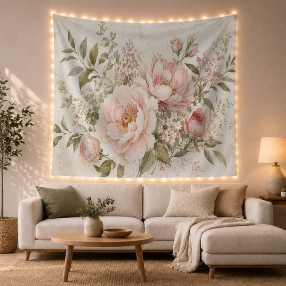 Peony & Foliage Botanical Art in Serene Romantic Vintage for Flower Lovers, Floral Wall Decor, Mother's Day Gift Tapestry Wall Hanging for Bedroom and Living Room