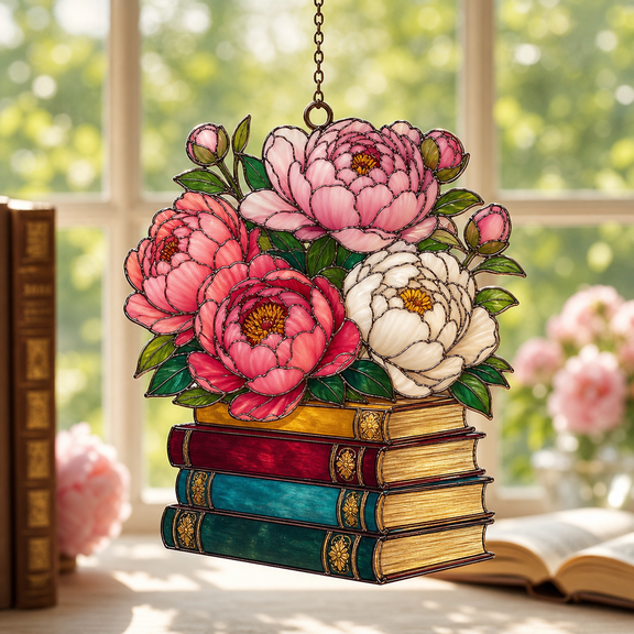 Peony Garden Acrylic Suncatcher Window Hanging, Floral Book Lover Gift