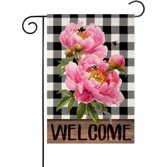 Peony Garden Flag Welcome Spring Double Sided 12x18 Inch,Bee Home Outdoor Yard Spring Summer Lawn Buffalo Check Garden Flag Decoration(1508)