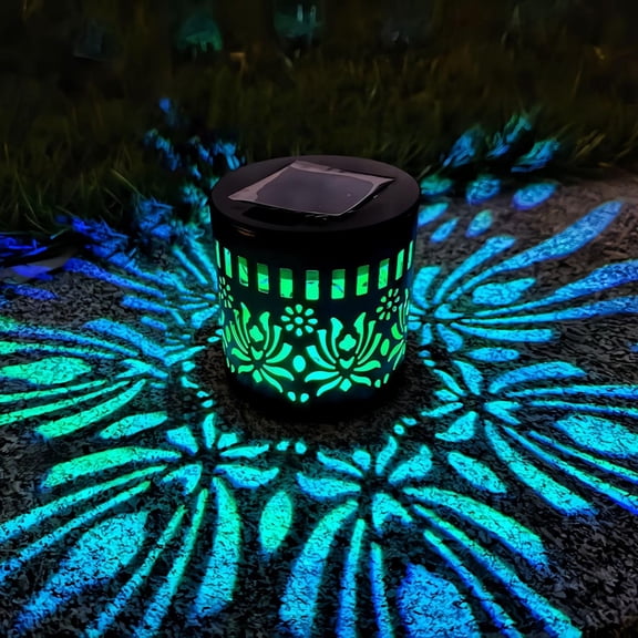 Peony Hollow Cutout Metal Solar Projection Lantern, Solar Garden Lights RGB Color Changing Outdoor Pathway Lamp for Backyard Patio Fence Tabletop Decor(RGB Light)