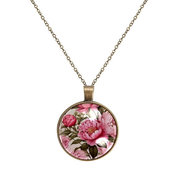 Peony Necklace Personalized Custom Photo Round Pendant Adjustable Stainless Steel Necklaces with Gift Box for Men Women Mothers Valentine's Jewelry Gift