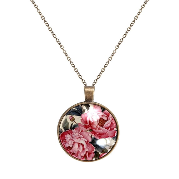 Peony Necklace Personalized Custom Photo Round Pendant Adjustable Stainless Steel Necklaces with Gift Box for Men Women Mothers Valentine's Jewelry Gift