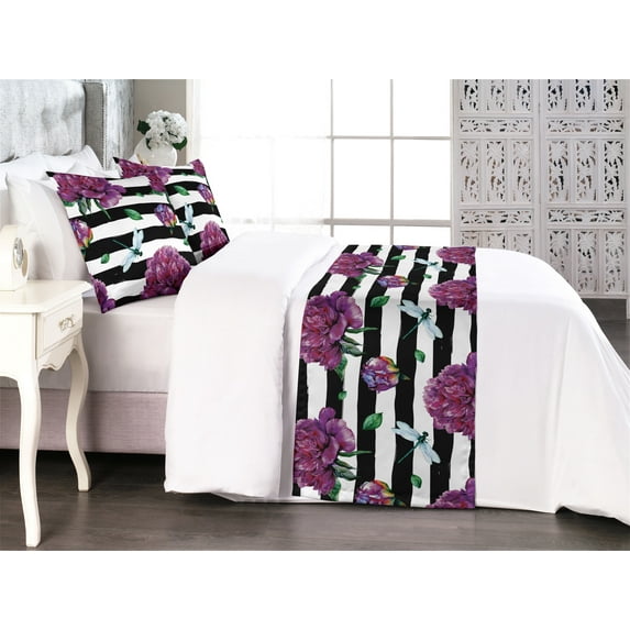 Peony Pattern Bed Runner Set, Springtime Flowers with Dragonfly Pattern on Striped Backdrop, Decorative Bedding Scarf & 2 Pillow Shams for Hotels Homes, King, Purple Jade Green White, by Ambesonne