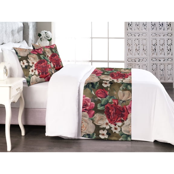 Peony Pattern Bed Runner Set, Vintage Design Romantic Flowers with Leaves Greenery Delicate Art, Decorative Bedding Scarf & 2 Pillow Shams for Hotels Homes, King, Jade Green Dark Pink, by Ambesonne
