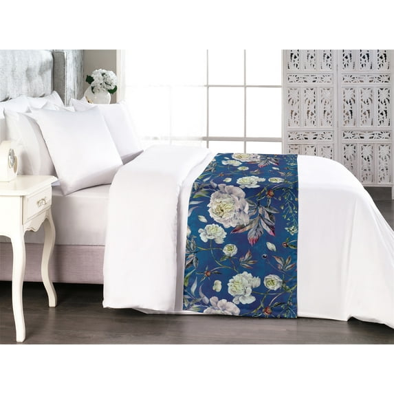 Peony Pattern Bed Runner, Springtime Jungle Boho Design with Flowers Vintage and Leaves, Decorative Accent Bedding Scarf for Hotels Homes & Guest Rooms, King, Cobalt Blue Pale Yellow, by Ambesonne