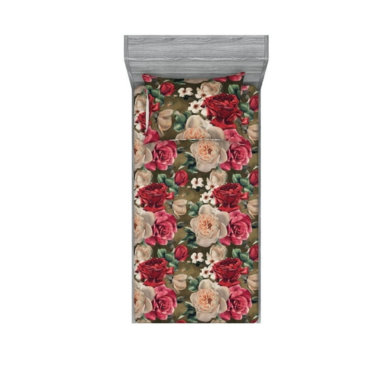 Peony Pattern Fitted Sheet & Pillow Sham Set, Vintage Design Romantic Flowers with Leaves Greenery Delicate Art, Decorative Printed 2 Piece Bedding Decor, Twin, Jade Green Dark Pink, by Ambesonne