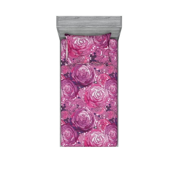 Peony Pattern Fitted Sheet & Pillow Sham Set, Watercolor Vibes Dreamy Delicate Flowers Boho Neutral Colors Print, Decorative Printed 2 Piece Bedding Decor, Twinxl, Pale Purple Hot Pink, by Ambesonne