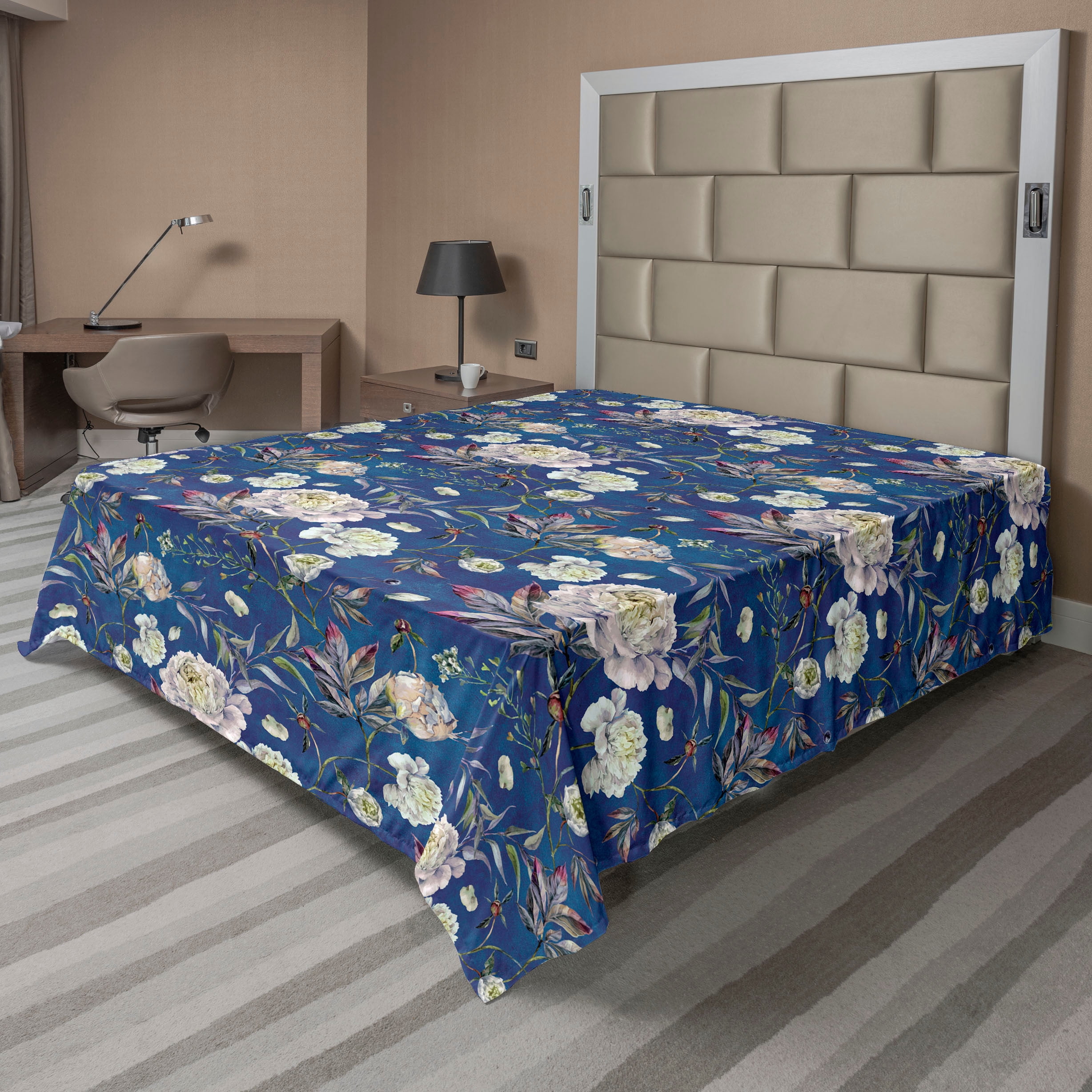 Peony Pattern Flat Sheet, Springtime Jungle Boho Design with Flowers