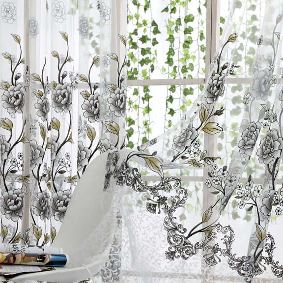 Peony Pattern Sheer Tulle Curtain Voile Drape Valance 1 Panel Fabric, Floral Embellished Sheer Window Treatment For Light Filtration And Decorative Accent, Designed For Bedroom