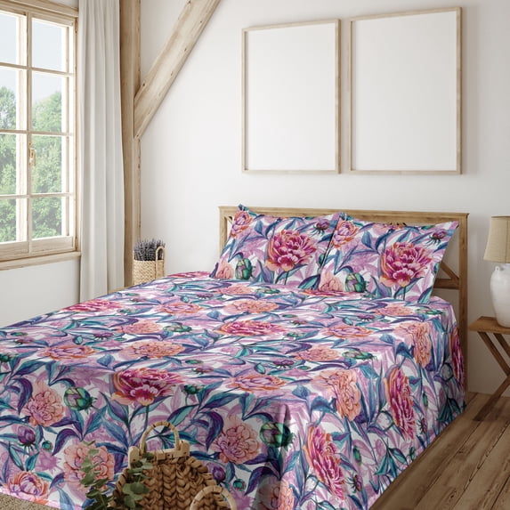 Peony Pattern Sheet Set, Japanese Vibe Purplish Tone Palette Jungle Boho Flowers Pattern, Fitted & Flat Sheet with Pillowcase Bedding Accent 4 Pcs Set, Full, Indigo Pale Pink Lilac, by Ambesonne