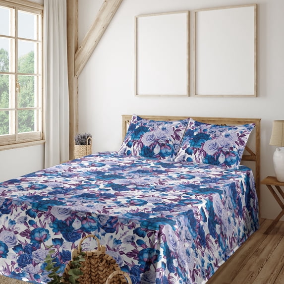 Ambesonne Peony Pattern Fitted & Flat Sheet with Sham 3 Pcs Set, Romantic Retro Floral, Twin XL, Dark Violet Dark Magenta