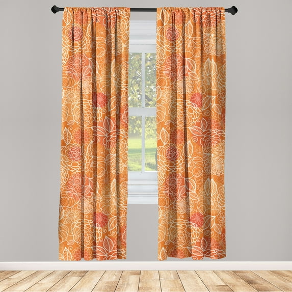 Peony Pattern Window Curtains, Outline Style Illustrated Floral Boho with Orange Tones Print, Lightweight Decor 2-Panel Set with Rod Pocket, Pair of - 28"x63", Vermilion and Burnt Sienna, by Ambesonne