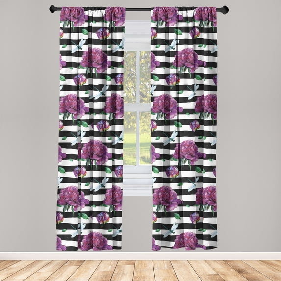 Peony Pattern Window Curtains, Springtime Flowers with Dragonfly Pattern on Striped Backdrop, Lightweight Decor 2-Panel Set with Rod Pocket, Pair of - 28"x63", Purple Jade Green White, by Ambesonne