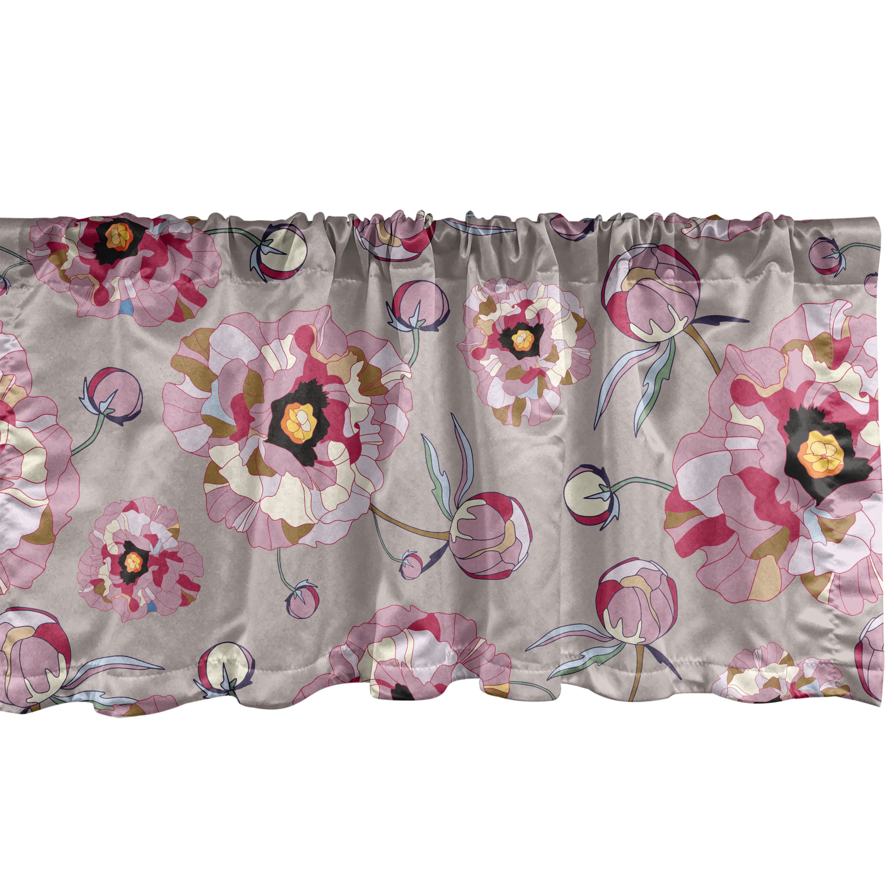 Peony Pattern Window Valance, Geometric Inspirations Blooming Flowers ...