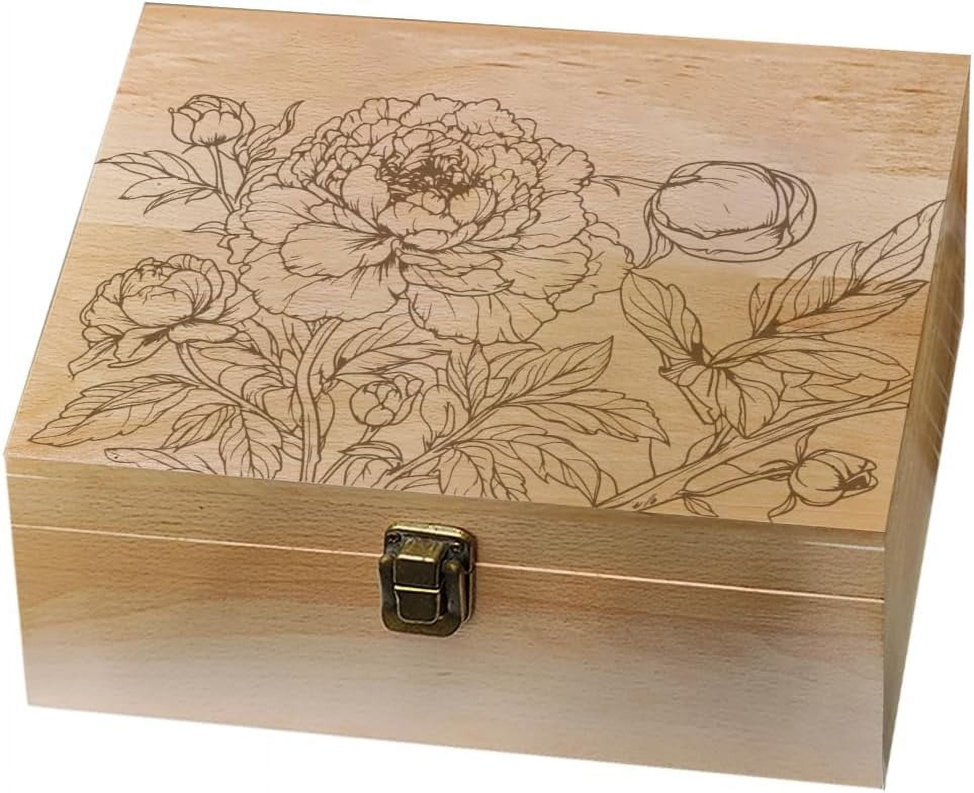 Peony Pattern Wooden Memory Keepsake Box Metal Knot Box with Hinged Lid and Lock Decorative Storage Box Stash Box for Photo Letter Souvenir Jewelry