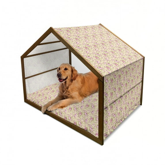 Peony Pet House, Hydrangeas on Branches Vintage Nostalgic Feminine Nature Growth, Outdoor & Indoor Portable Dog Kennel with Pillow and Cover, 5 Sizes, Olive Green Pale Pink, by Ambesonne