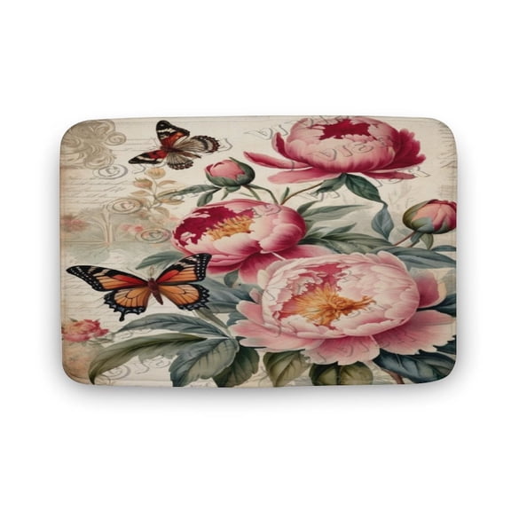 Peony Print Bath Rug, Coral Velvet, 20"x32",Ultra Soft and Non-Slip Bathroom Rugs, Water Absorbent and Machine Washable