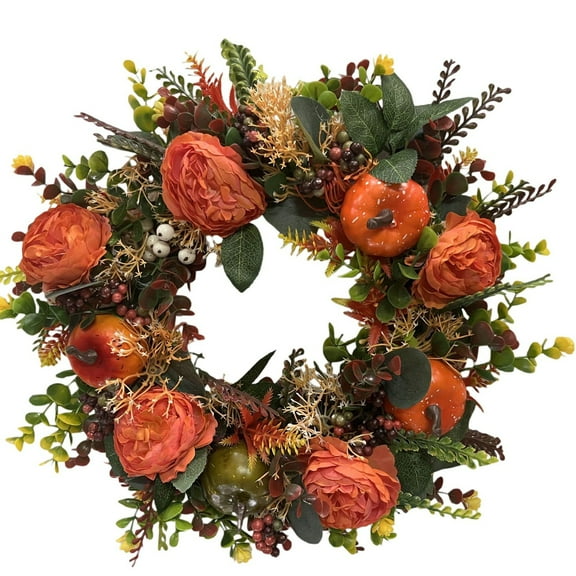 Peony Pumpkin Wreath Plastic Material Festive Autumn Design Durable Lightweight Easy Install for Home Halloween Fall Party Decoration
