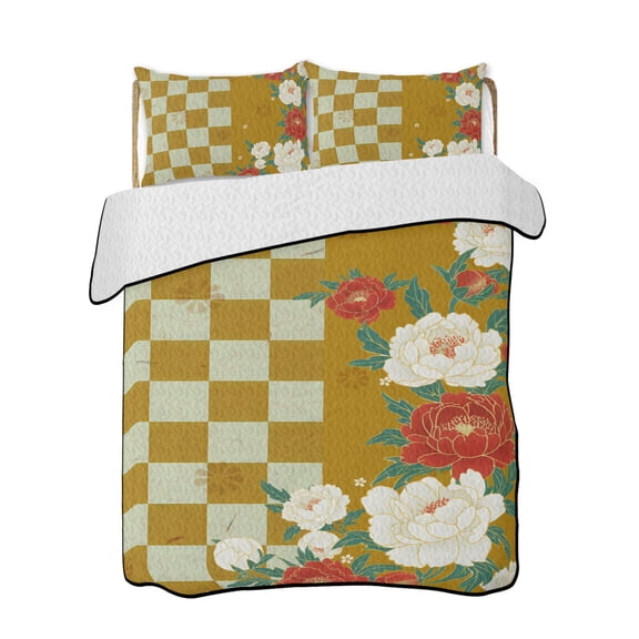 Peony Quilts Bedding Set Twin Size Harmony Japanese Yellow Buffalo Plaid Lightweight Quilted Bedspread 3 Piece Bed Quilt with 2 Pillow Shams All Season for Bedroom 68" x 86"