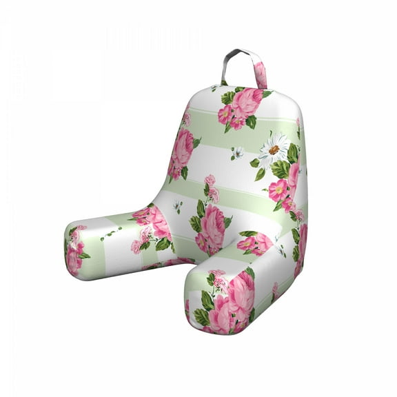 Peony Reading Pillow Cover, Daisies and Flowers Bouquet on Striped Background, Unstuffed Printed Bed Rest Case from Soft Fabric, Small, Pale Green Pink, by Ambesonne