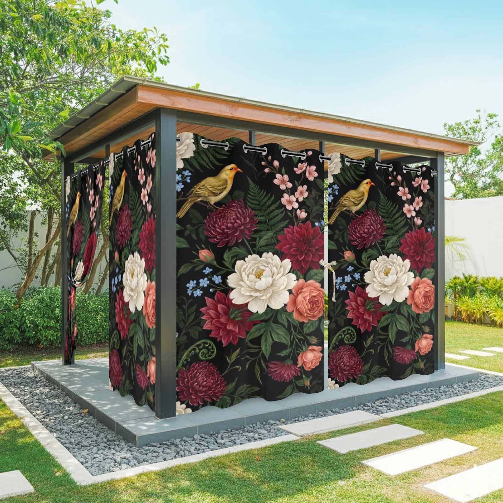 Peony Rose Outdoor Curtains for Patio, Rustic Botanical Vintage White Red Flower Fern Leaf Sunshade Privacy Drapes Grommet Waterproof Outside Curtains for Porch/Cabana/Balcony 54"x 108", 1 Panel