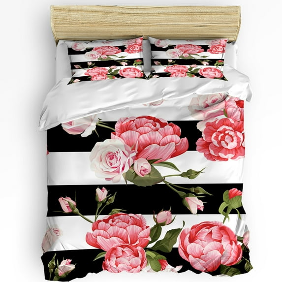 Peony Rose Pink Flower Black And White Stripes Bedding Set Duvet Cover Pillowcase Quilt Cover Doubl