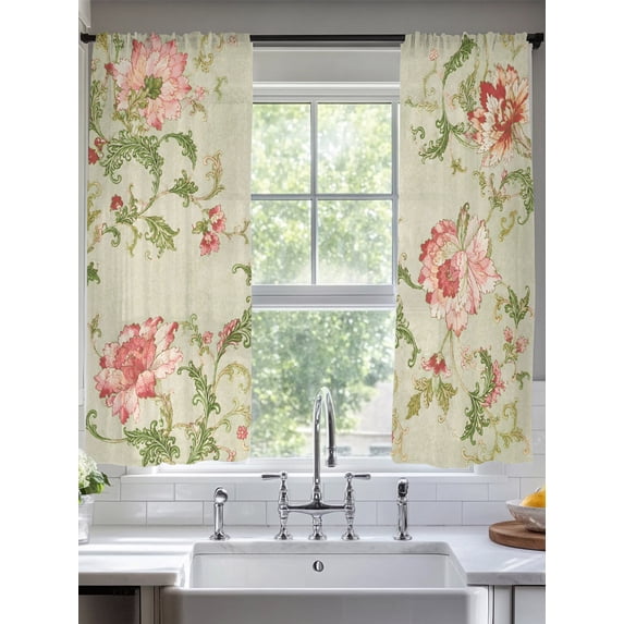 Pink Roses On Vine Peony Rose Window Sheer Curtain Rustic Vintage Pink Floral Green Vine ...
