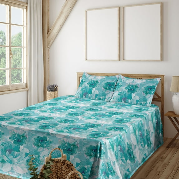 Ambesonne Peony Fitted & Flat Sheet with Shams 4 Pcs Set, Floral Pattern Nautical Color, King, Dark Seafoam Seafoam