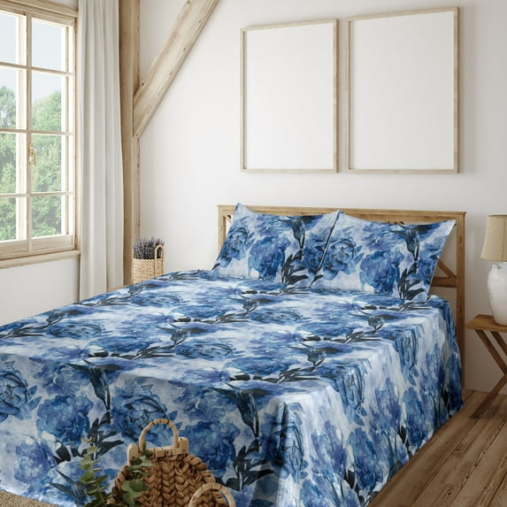 Peony Sheet Set, Winter Colors Illustration of Wild Life Floral Boho Pattern Vintage Print, Fitted & Flat Sheet with Pillowcase Bedding Accent 3 Pcs Set, Twin, Cobalt Blue Pale Blue, by Ambesonne