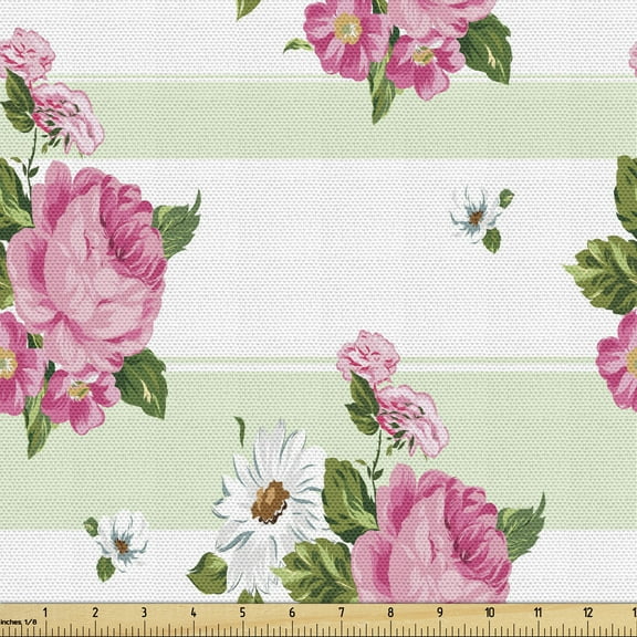 Ambesonne Peony Fabric by the Yard Upholstery, Daisies Flowers Bouquet Art, 1 Yard, Pale Green Pink